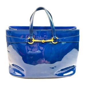 Auth Gucci Medium Bright Bit Blue Patent Leather Tote Bag Horsebit Enamel Purse